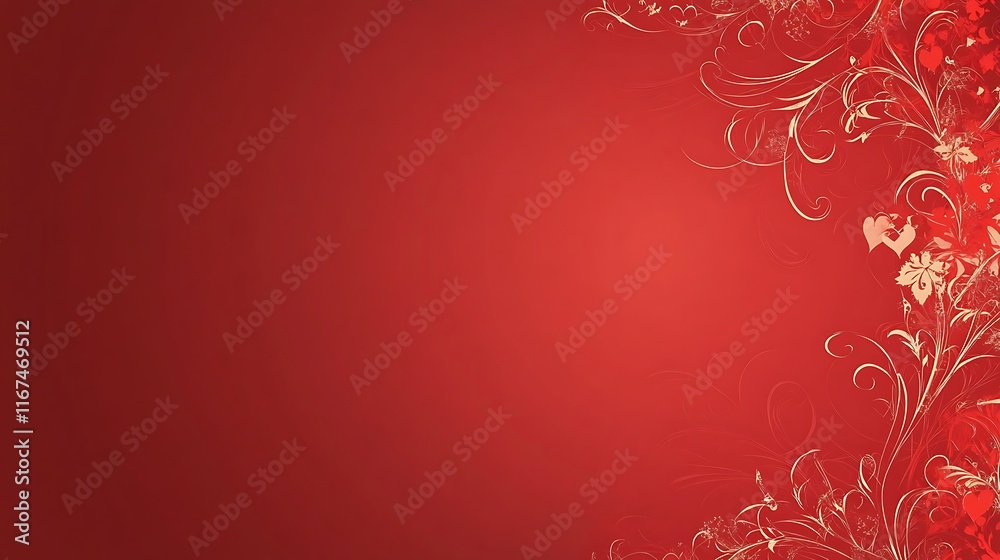 Red Background With Elegant Floral Design And Hearts Red Background With Elegant Floral Design And Hearts