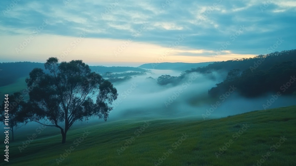 Obraz premium Serene landscape with misty valleys at dawn.