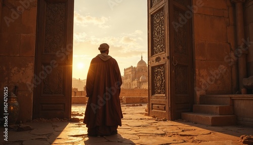 Photorealistic Mordechai, traditional Persian attire, long robe turban, city gates, warm natural light, historical solemn, with copy space, ultra-high resolution