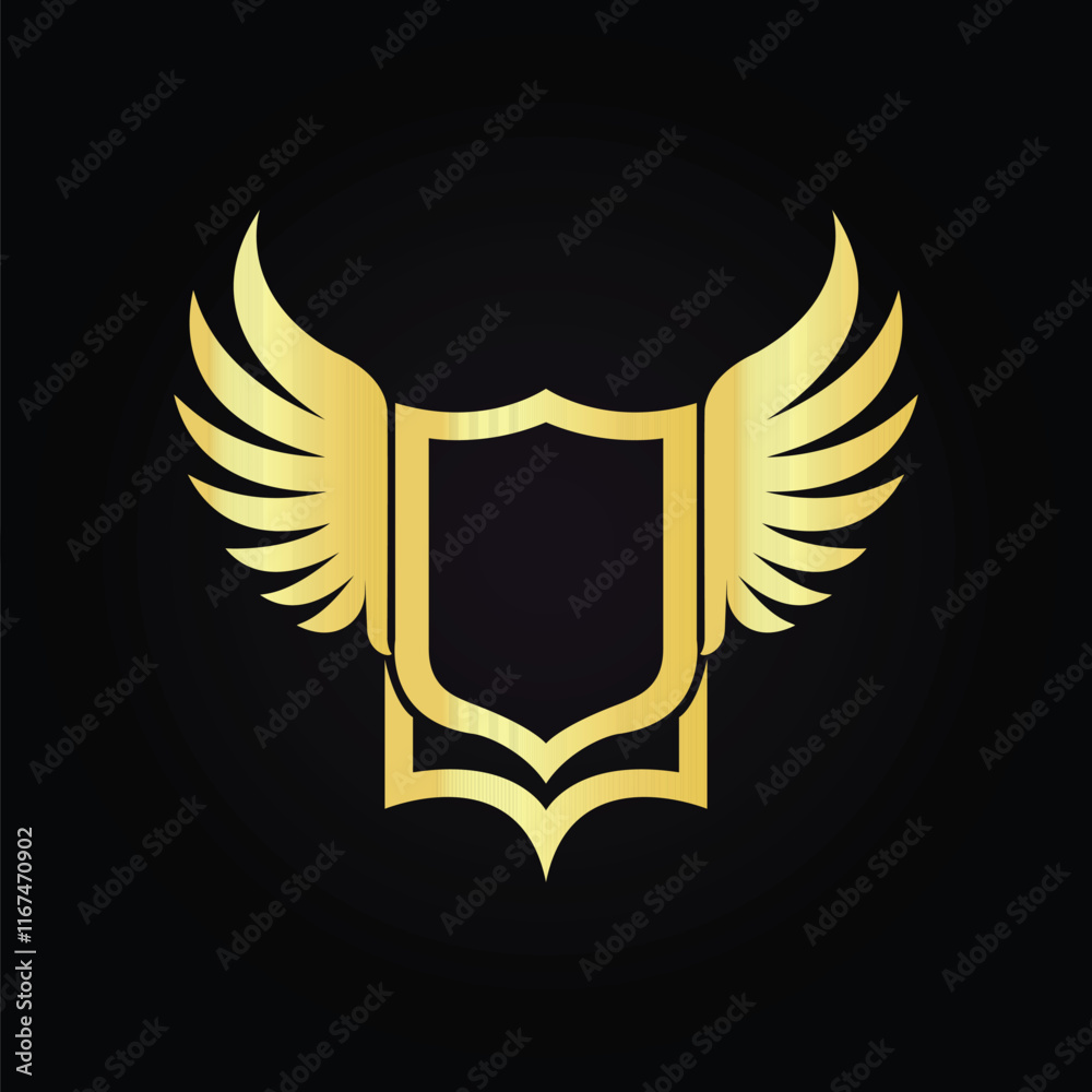 Obraz premium Golden shield with elegant wings symbolizing strength power and freedom on a black background
