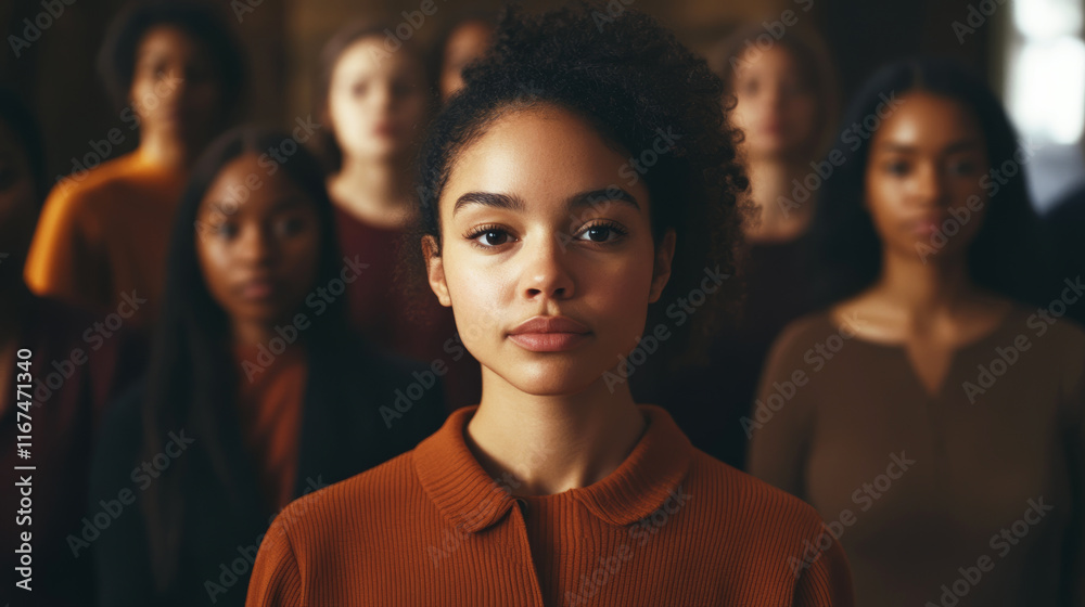 a woman stands and confidently looks at the frame, behind her there are other women of different ages and races a woman stands and confidently looks at the frame, behind her there are other women of different ages and races