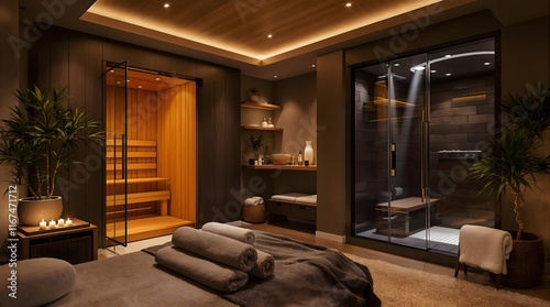 Modern Home Spa with Sauna and Shower, Relaxation, Wellness Interior