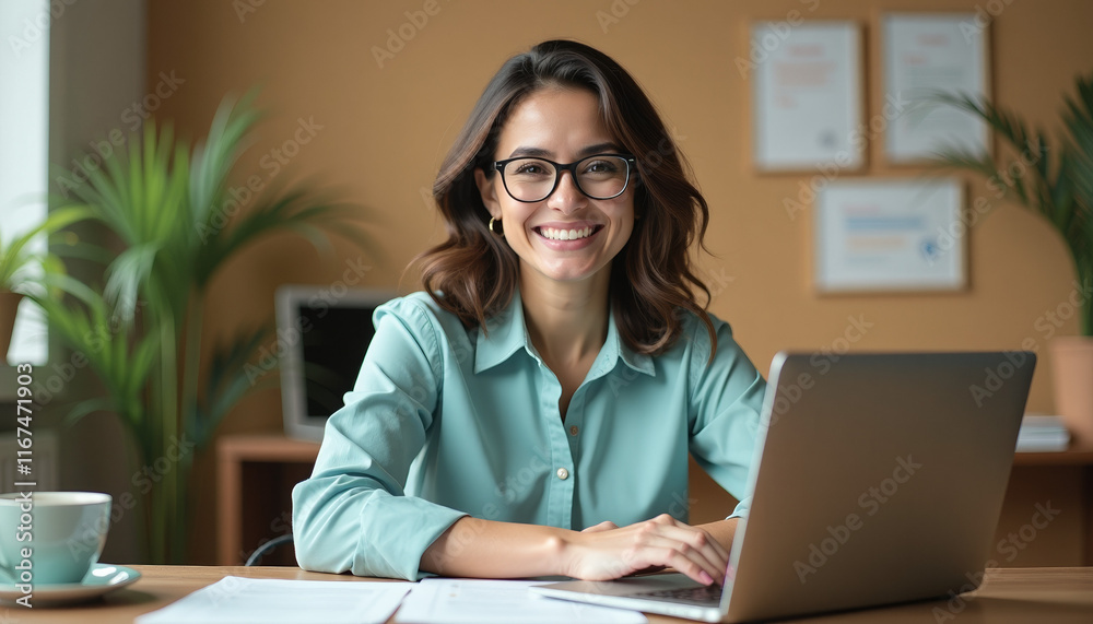 Smiling Woman Working on Laptop in Office