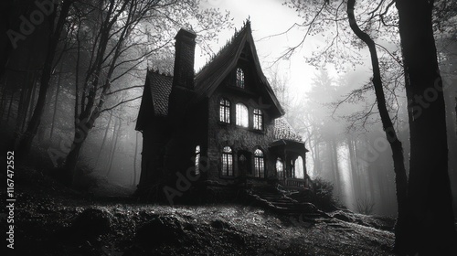 Mysterious Victorian house in a foggy forest. photo