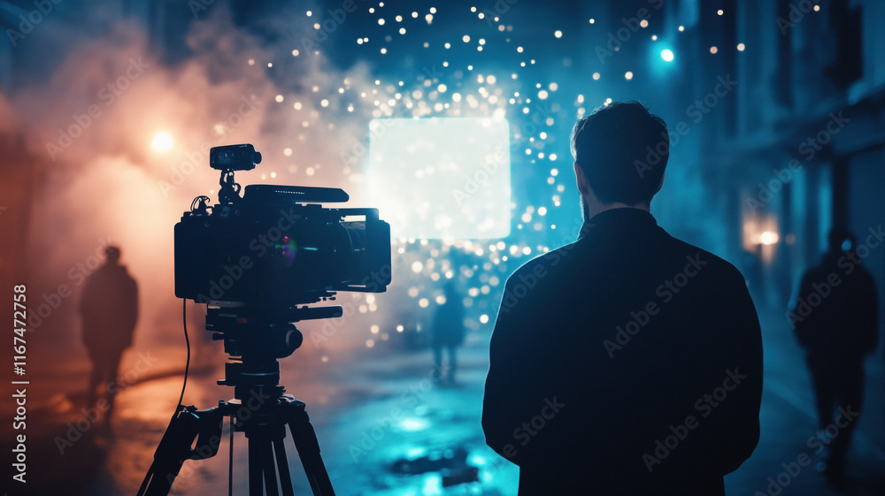 Fototapeta premium Cinematic Night Scene with Filmmaker Silhouette and Camera Equipment in Foggy Urban Environment