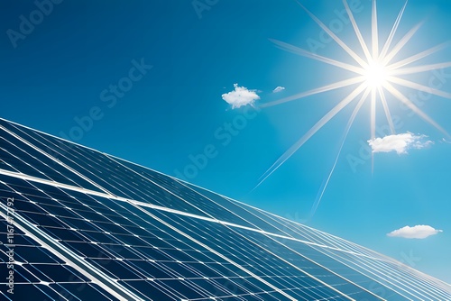 A solar panel array under a bright sun, highlighting renewable energy potential.