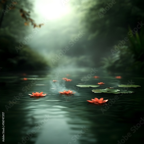 Tranquil pond mirroring the ethereal scent borne pathways of underwater creatures shimmering mirror like water vibrant aquatic flora calming ambiance and a nostalgic Monet esque aesthetic photo