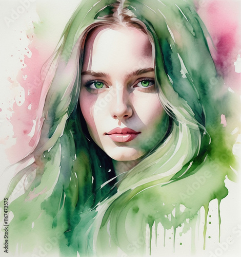 watercolor portrait of a young beautiful woman