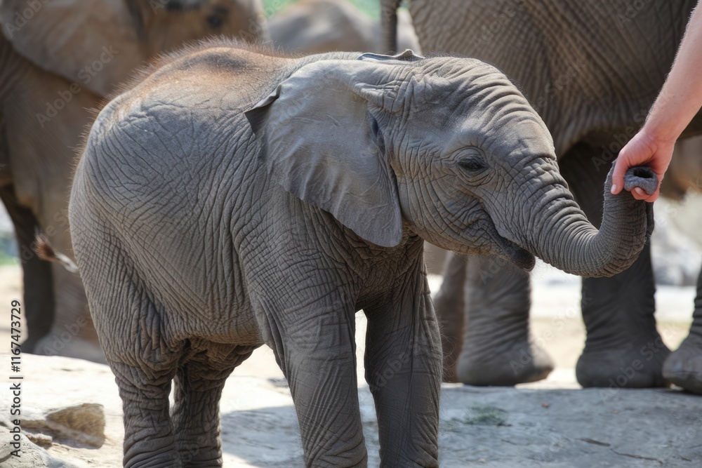 Fototapeta premium A young African elephant calf gently reaches out its trunk, interacting with a human hand.