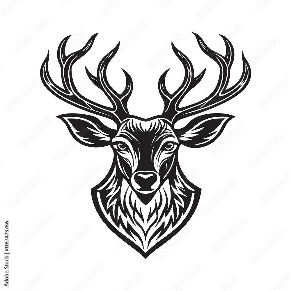 Fototapeta premium Detailed Deer Head with Antlers Vector Logo in Monochrome