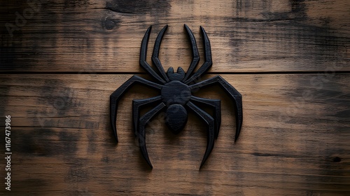 A black spider silhouette displayed on a wooden surface, emphasizing design and texture. photo