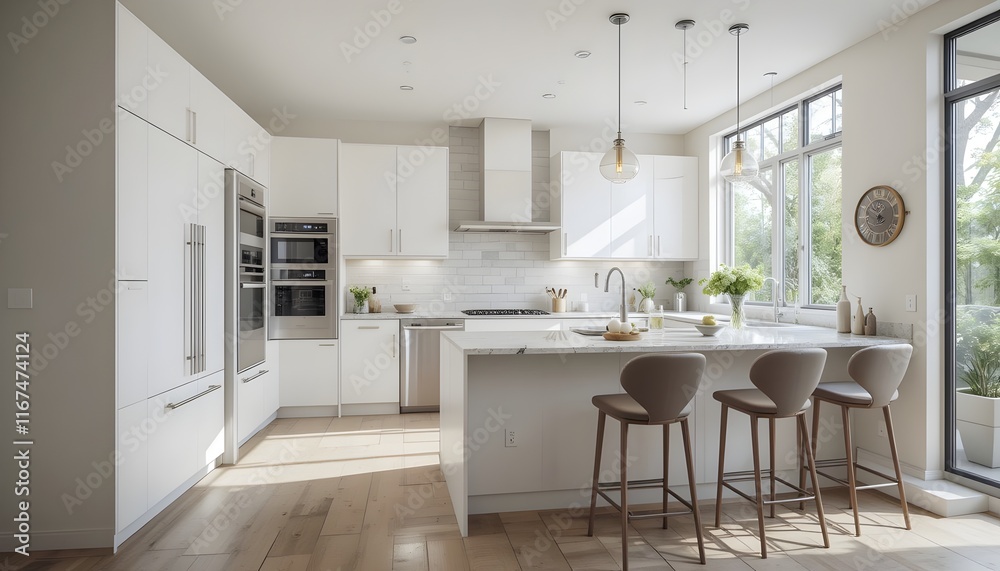 Modern Kitchen with Island, Bright Interior, Open Design, Home Style Modern Kitchen with Island, Bright Interior, Open Design, Home Style