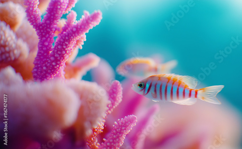 Bright and colorful tropical fish swimming among coral in a vivid underwater environment filled with marine beauty. photo