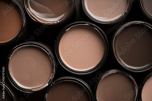 Mocha mousse, brown paint samples in cans, top view. Paint texture, color variety, artistic palette