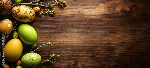 Colorful Easter Eggs on Wooden Background