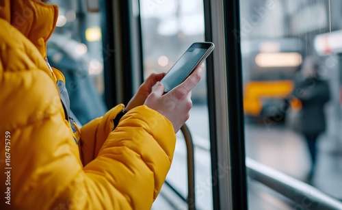 A person wearing a yellow jacket using a smartphone inside public transportation with an urban street scene in the background. photo