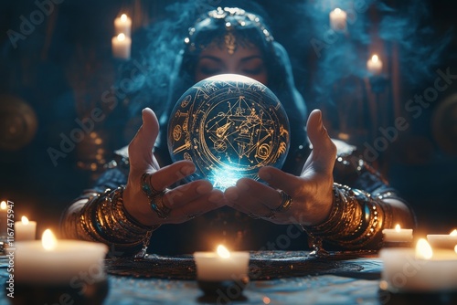 A close-up of a fortune teller's hand gripping a clairvoyance ball, embodying concepts of fortune telling, witchcraft, mysticism, and extrasensory perception photo