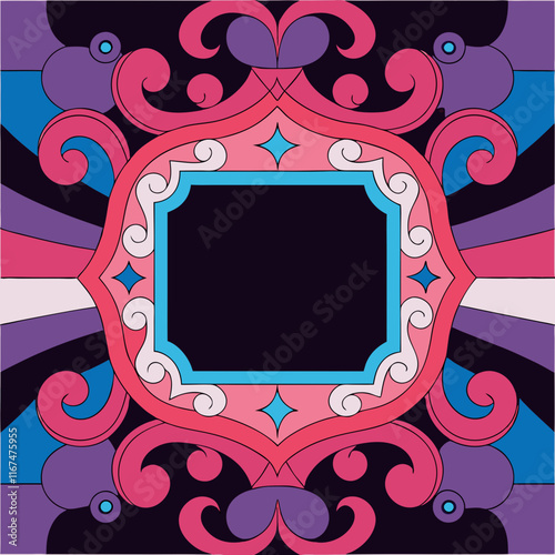 Bold decorative frame with vibrant patterns and copy space on dark background