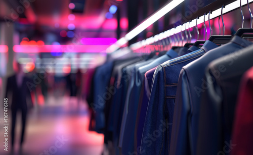 A row of colorful jackets neatly hung on hangers in a modern clothing store, emphasizing fashion and retail organization. photo