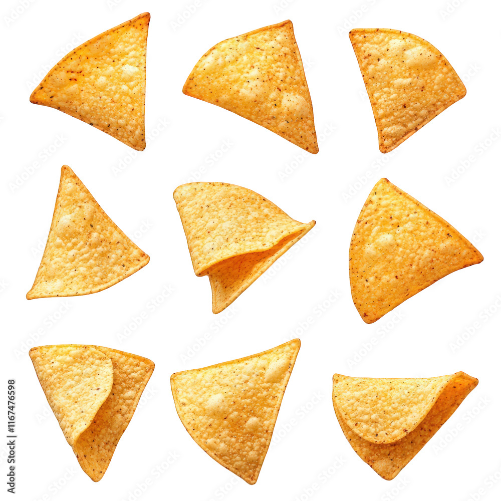 Delicious triangular tortilla chips isolated transparent background crispy snack food Delicious triangular tortilla chips isolated transparent background crispy snack food