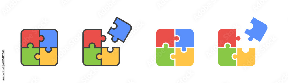 Four piece of puzzles icon. Jigsaw outline templates. Four pieces puzzle or teamwork concept Filled and outlined. Business concept, idea, strategy. Vector icons in flat style Four piece of puzzles icon. Jigsaw outline templates. Four pieces puzzle or teamwork concept Filled and outlined. Business concept, idea, strategy. Vector icons in flat style