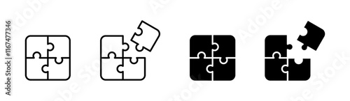 Four piece of puzzles icon. Jigsaw outline templates. Four pieces puzzle or teamwork concept Filled and outlined. Business concept, idea, strategy. Vector icons in flat style