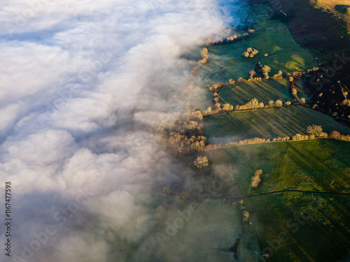 Farmland and fields covered in fog during later afternoon photo