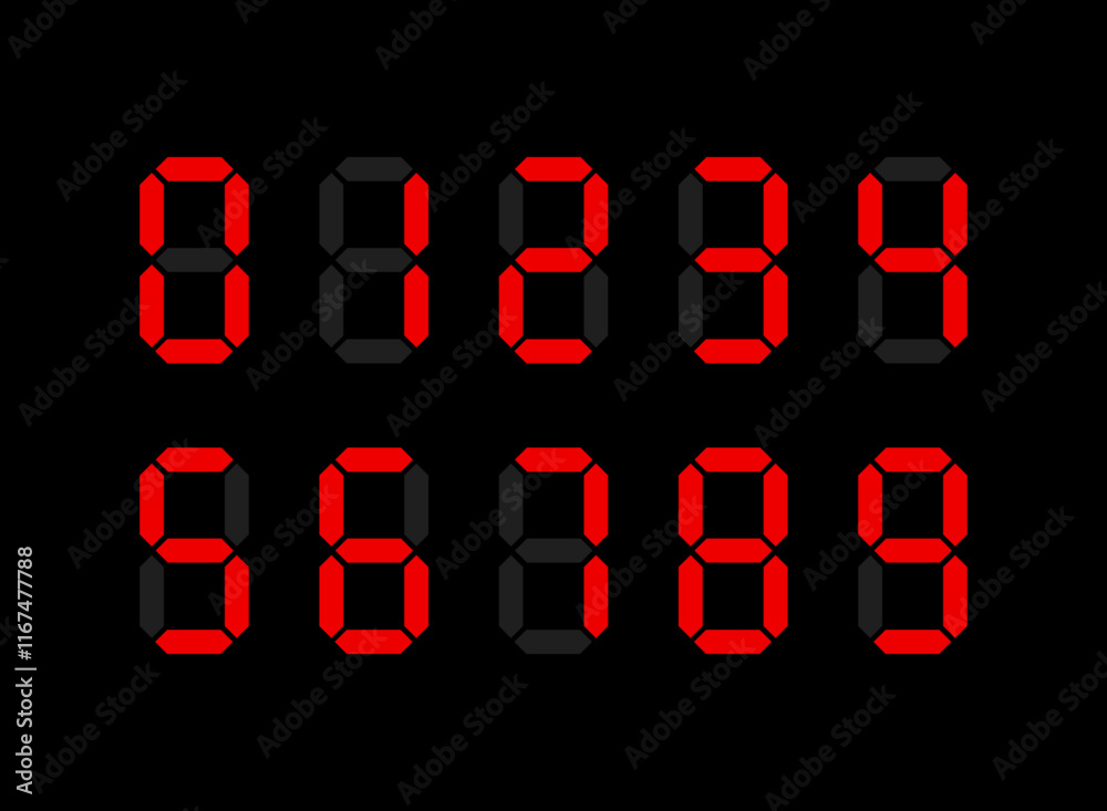 Digital display Monochrome digits digital numbers symbol Icon set. Black numbers, numerals. Clock, Stopwatch, Scoreboard, Calculator, electronic meter. Seven segment. Vector illustration