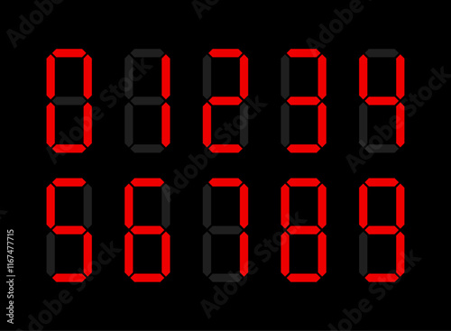 Digital display Monochrome digits digital numbers symbol Icon set. Black numbers, numerals. Clock, Stopwatch, Scoreboard, Calculator, electronic meter. Seven segment. Vector illustration