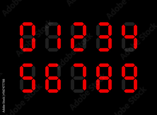 Digital display Monochrome digits digital numbers symbol Icon set. Black numbers, numerals. Clock, Stopwatch, Scoreboard, Calculator, electronic meter. Seven segment. Vector illustration