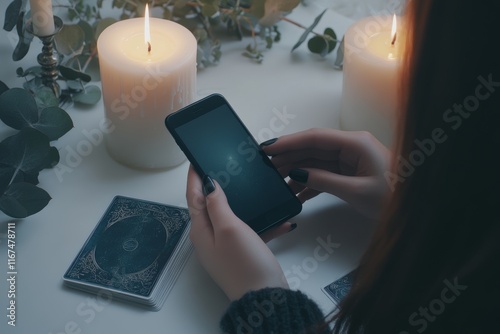 In KYIV, UKRAINE on FEBRUARY 23, 2022, a fortune teller is seen burning a candle near crystals and tarot cards on a table photo