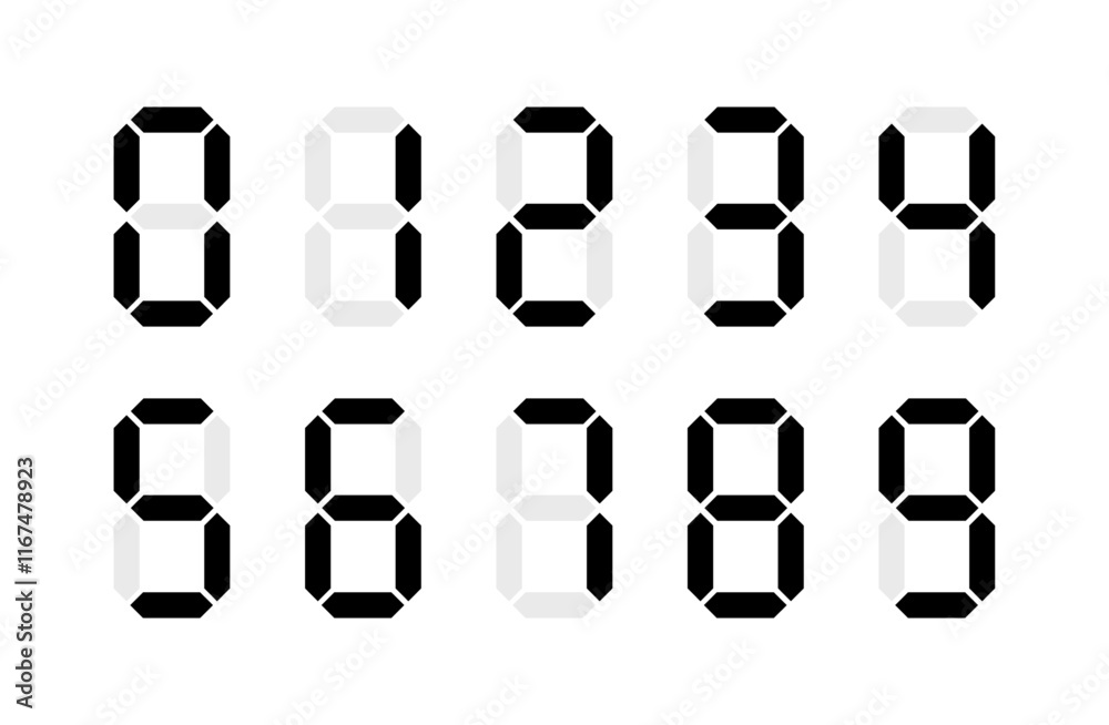 Digital display Monochrome digits digital numbers symbol Icon set. Black numbers, numerals. Clock, Stopwatch, Scoreboard, Calculator, electronic meter. Seven segment. Vector illustration