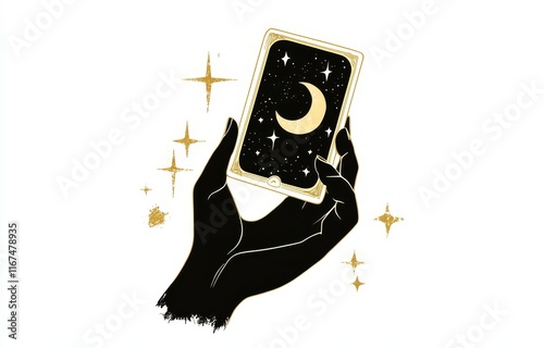 A woman holds a deck of Tarot cards in a black and gold icon set. Symbols of fortune telling, witchcraft, fate, and card games are featured. A modern illustration isolated on a white background