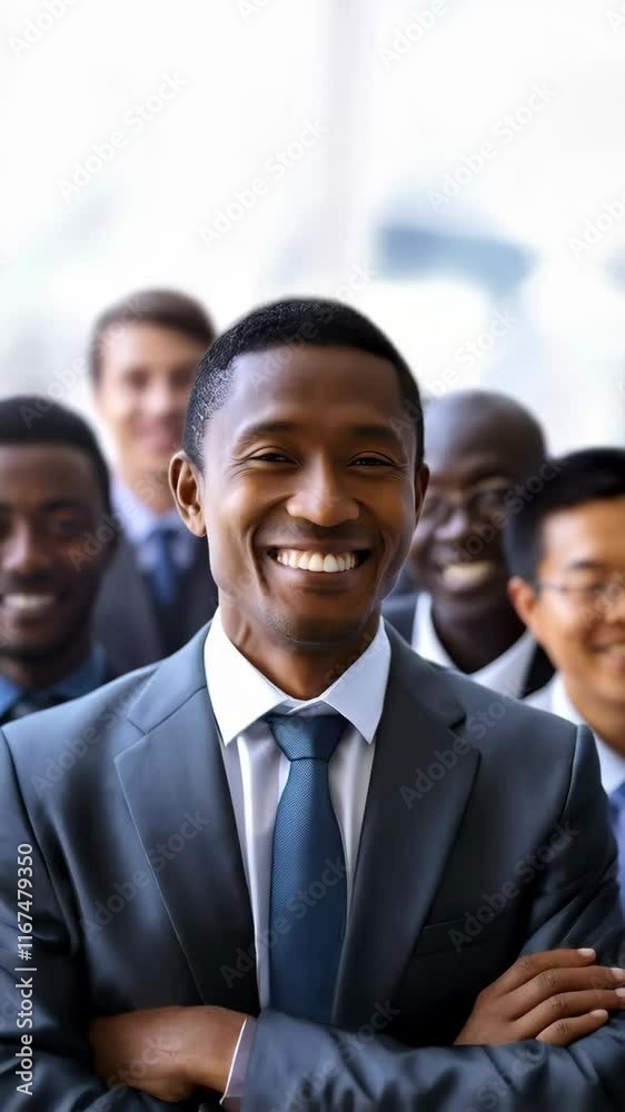 Happy black Asian businessman boss posing with his team Happy black Asian businessman boss posing with his team