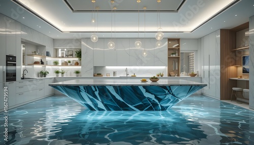 Modern Kitchen with Floating Island, Futuristic Design, Unique Interior