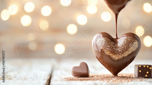 Liquid chocolate drizzled into a heart shape, overlaid with edible glitter, luxurious Valentine vibe photo