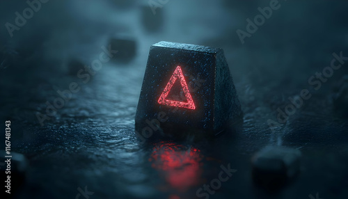 A glowing red triangular symbol on a rock in a misty, mysterious environment, showcasing innovative design.