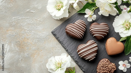 Chocolate hearts on a slate plate, accompanied by elegant white floral accents photo