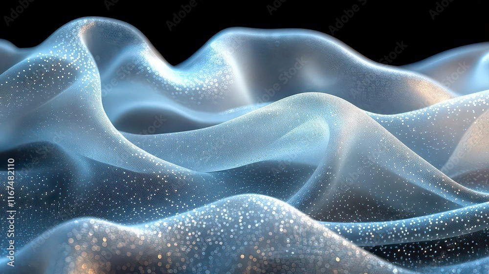 A close-up of flowing translucent fabric with shimmering particles. A close-up of flowing translucent fabric with shimmering particles.