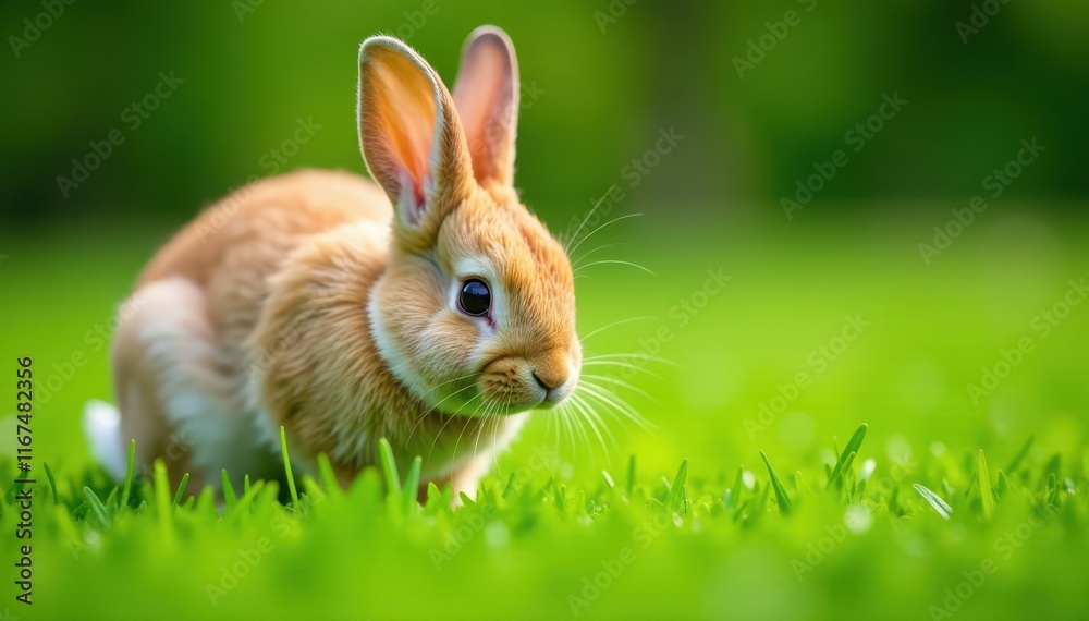 Fluffy bunny grazing in lush green grass with erect ears and a serene expression, grass, animal Fluffy bunny grazing in lush green grass with erect ears and a serene expression, grass, animal