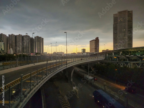 Golden hour of nearby Checkpoint Malaysia. Twilight view of Johor Bahru Malaysia.