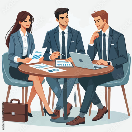 Partners meeting for business discussion with documents and laptop on desk. Couple at round table, speaking, discussing work, partnership. Flat vector illustration isolated on white background