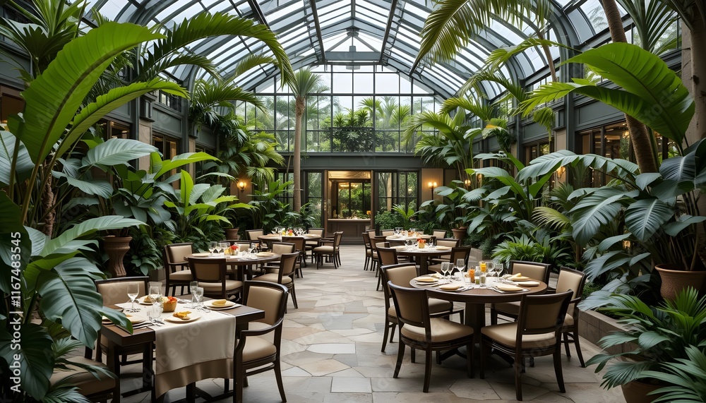 Obraz premium Indoor Garden Restaurant, Lush Greenery, Dining Area, Nature Setting