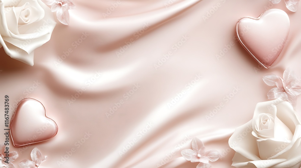 Pink Satin Background With Roses And Hearts Pink Satin Background With Roses And Hearts