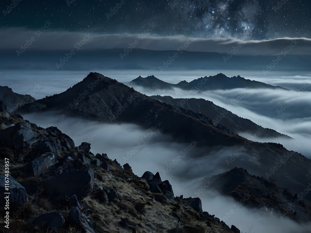 Milky Way Night Sky over Misty Mountain Peaks Milky Way Night Sky over Misty Mountain Peaks