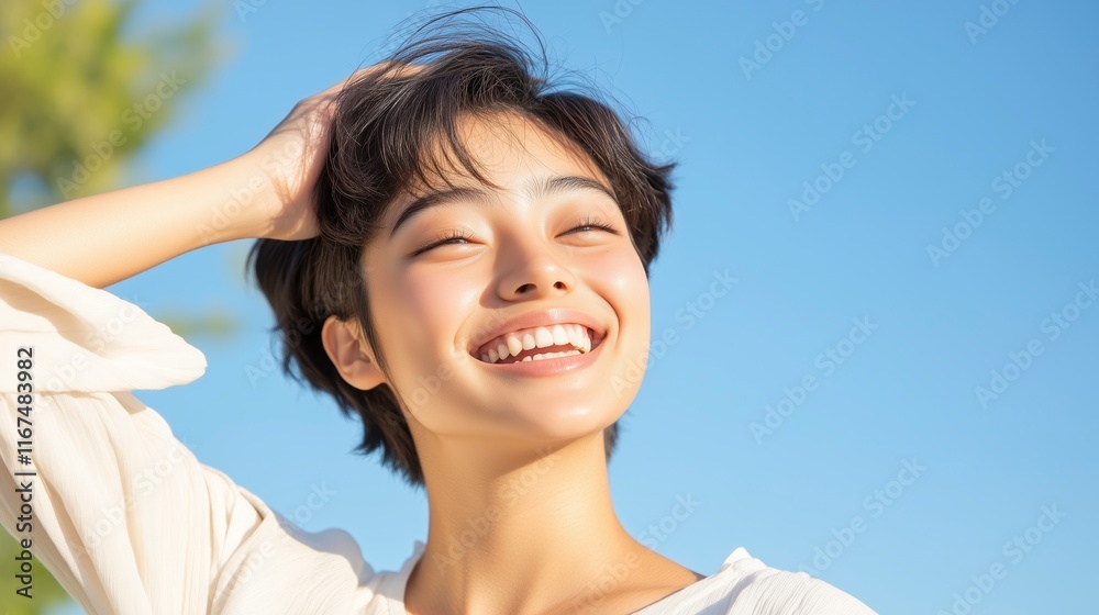 Young woman touching hair and smiling under blue sky Young woman touching hair and smiling under blue sky