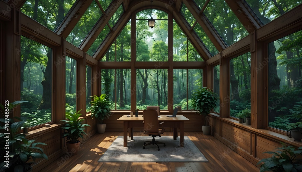 Fototapeta premium Modern Office with Forest View, Natural Setting, Tranquil Workspace