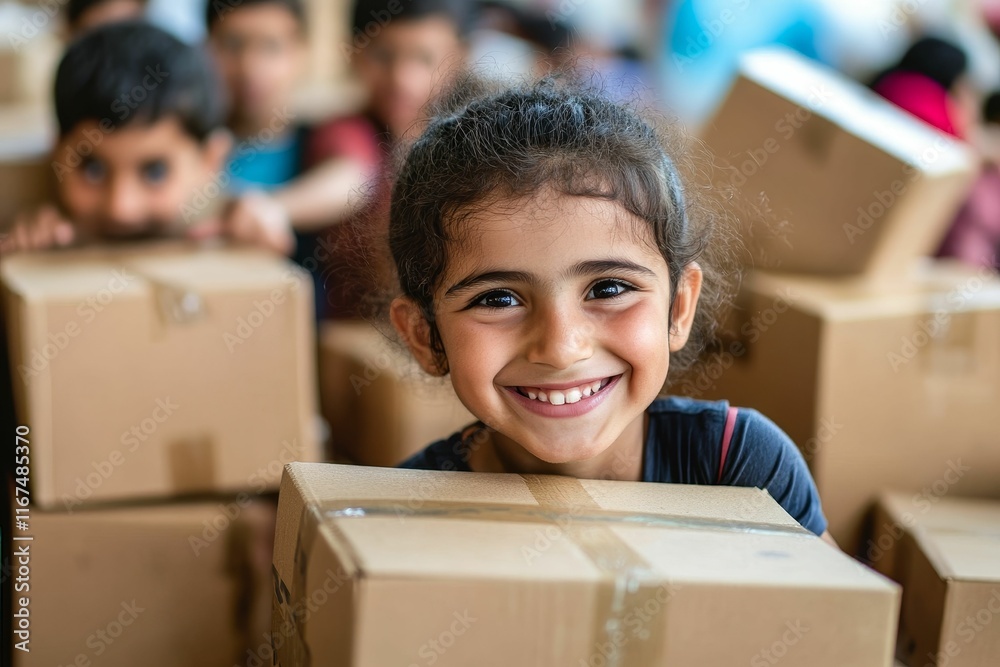 Smiling girl behind cardboard boxes, happy children nearby. Smiling girl behind cardboard boxes, happy children nearby.