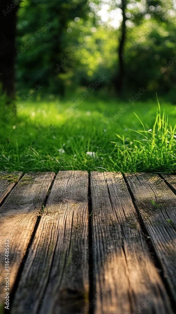 Fototapeta premium Weathered wooden planks or decking boards on a lush green grass lawn or meadow background with vibrant foliage and leaves Natural rustic surface texture with copy space for design template or mockup