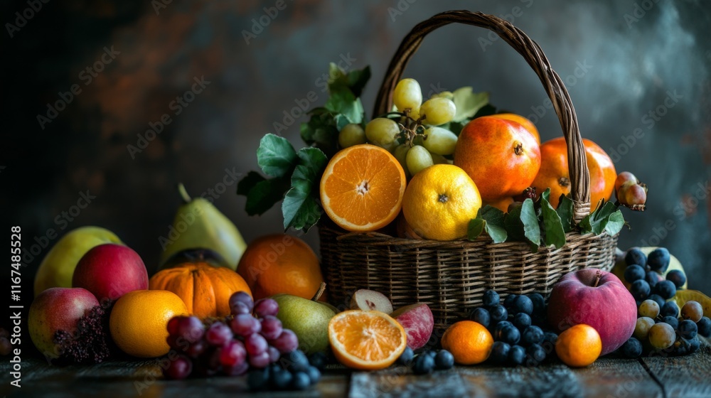 Fresh Fruit Basket on a Wooden Table with Soft Light Fresh Fruit Basket on a Wooden Table with Soft Light